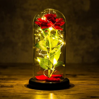 Led ışık Beast Gül Altın Folyo Çiçek yapay çiçekler Cam Sevgililer Hediye için Yeni Yıl dekor gül eternelle sous cloche