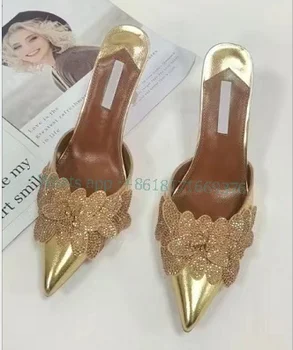 Lüks Altın Çiçek Sivri Burun Seksi Terlik Kadın Deri Taklidi Stiletto yüksek topuklu sandalet Yeni Akşam Bayan Kristal Ayakkabı