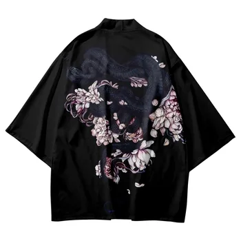 Moda Hırka Erkek Kadın Plaj Kimono Japon Streetwear Stil Yılan Çiçekler Baskı Yaz Siyah Haori Yukata Harajuku Tops