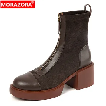MORAZORA 2023 Yeni Katı Ayak Bileği Platformu Çizmeler Hakiki Deri Fermuar Kadın Çizmeler Bayanlar Kalın Yüksek Topuklu Ayakkabılar