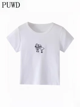 PUWD Rahat Kadın Kızlar Baskı T-shirt 2022 Yaz Moda Bayanlar Kısa İnce Tees Vintage Kadınlar Yumuşak Pamuklu Şık Kız Üstleri