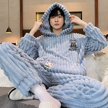 QUHENG Mercan Polar Pijama Seti Erkekler Sonbahar kışlık pijama Takım Elbise Uzun Kollu Gecelik Kalınlaşmak Sıcak Erkek Pijama Ev Giyim