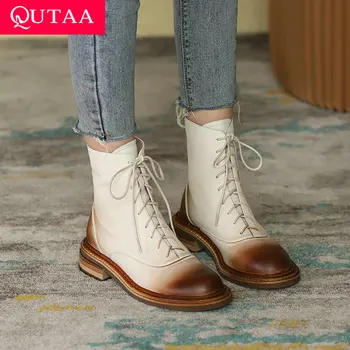 QUTAA 2022 Platformu Bayanlar yarım çizmeler Lace Up Özlü Hakiki Deri Yuvarlak Ayak Moda Kare Topuk Kadın Ayakkabı Boyutu 34-42