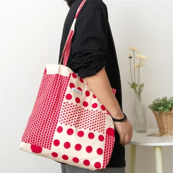 Retro Edebi Kanvas Çanta Kadın Kırmızı polka dots omuzdan askili çanta Ulzzang Hattı alışveriş çantası Alışveriş Bayanlar Kullanımlık El Çantaları Tote Çanta