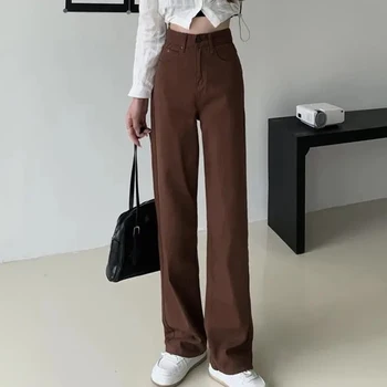 Rimocy Kahve Düz Kot uzun pantolon Kadın 2022 İlkbahar Sonbahar Yüksek Bel Geniş Bacak Kot Kadın Vintage Gevşek Pantolon Bayanlar