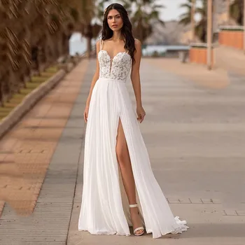 Seksi Şifon düğün elbisesi 2022 Spagetti Sapanlar Aplikler Backless gelinlikler Sweep Tren Robe De Mariée Yüksek Yarık Kadınlar İçin