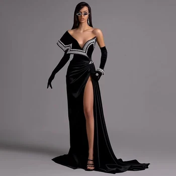 Siyah bir omuz uzun kollu balo elbise boncuklu seksi yüksek bölünmüş v yaka abiye örgün ziyafet parti elbise