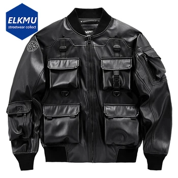 Siyah Deri Bombacı Ceketler Erkekler için Çok Cepler Askeri Mont Büyük Boy Streetwear Techwear Ceket Hip Hop üniversite ceketleri