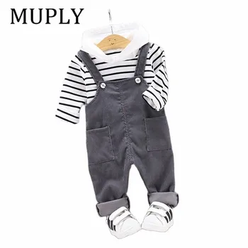 Sonbahar Erkek Bebek Giysileri 2 adet Uzun Kollu Çizgili Hoodie Kazak + Kayış Pantolon Pantolon Rahat Bebek Giysileri Setleri