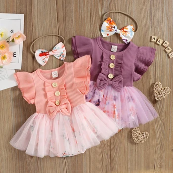 Toddler Bebek Kız Çiçek Elbise Fırfır Kollu Romper Örgü Etek saç bandı seti Sevimli Moda Giyim için 0-18 Ay