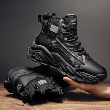 Tıknaz Platformu erkek ayakkabıları Erkekler Nefes Pu + Örgü Dantel-up Sneakers Erkek kaymaz Kalın Alt Savaş erkek ayakkabıları Açık Botlar