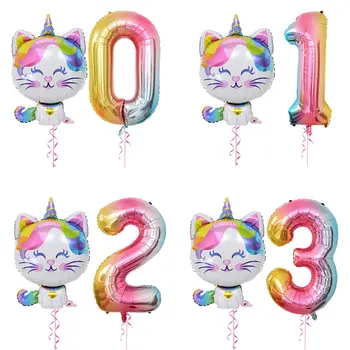 Unicorn Kedi Folyo Balon 40 inç Gökkuşağı Helyum Numarası Folyo Balonlar Unicorn Tema Doğum Günü Partisi Süslemeleri Bebek Duş Globos
