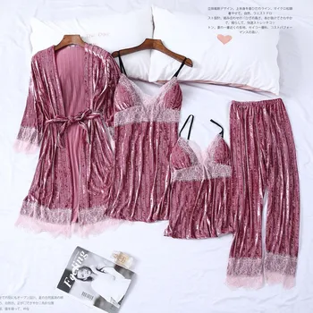 Uyku Seti Kadın Kadife Pijama Takım Elbise Sonbahar NewSexy Dantel Kimono Bornoz Elbisesi Yumuşak Kadife Pijama Gecelik Pijama