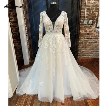 Uzun Kollu Boho Bir Çizgi Dantel Aplikler düğün elbisesi Aç Geri 2023 Zarif gelinlikler vestido de casamento