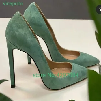 Vinapobo Süet Deri Sığ Moda Kadın Yüksek Topuklu Ayakkabı Şeker Renk Sivri Burun Kadın Pompaları Gösterisi Ince Kadın Ofis Ayakkabı