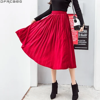 Vintage Elastik Yüksek Bel Maxi Pilili Etek Retro Kış Kadife Uzun Etekler Kadınlar İçin Astar Okul Jupe Femme Hiver Kırmızı Siyah