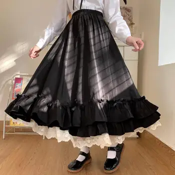Vintage Siyah Pileli Etek Kadın Top-Hat Uzun Midi Etek Fırfır Hepburn Gotik Lolita Etek Japon Çift Katmanlı Elbise 
