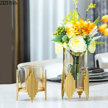Yaratıcılık cam vazo Altın metal çerçeve geometri Şeffaf highfoot topraksız çiçek düzenleme Çiçek vazo Ev Dekorasyon