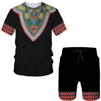 Yaz 2 parçalı Set 2022 Yeni 3D Baskı Afrika Tshirt Erkekler İçin Şort Takım Elbise Vintage Elbise Erkekler Hip Hop T Shirt Conjunto Masculino