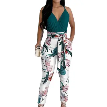 Yaz Kadın 1 Adet Düz Dantelli Üst ve Çiçek Baskı Pantolon Colorblock Seti Kemer İle 2022 Femme rahat kıyafetler y2k Tulum