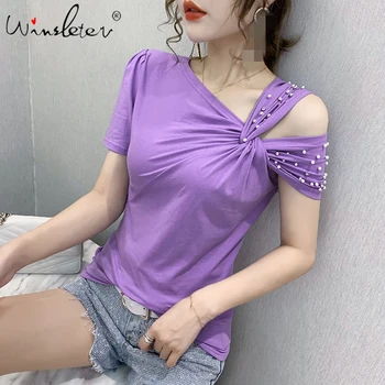 Yaz Kore Giyim T-shirt Seksi Kapalı Omuz Boncuk Pamuk Kadın Üstleri Ropa Mujer Kısa Kollu Dip Gömlek Tees T06819