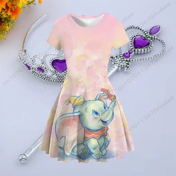 Yaz yeni rahat elbise çocuk giyim Disney Dumbo tarzı baskılı kısa kollu yuvarlak boyun sevimli prenses elbise