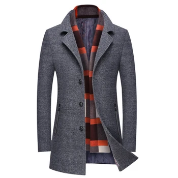 Yeni Erkek Kış Yün Ceket Slim Fit Kalın Yün Karışımları Erkekler Uzun Trençkot Moda Gri Yün Ceket Eşarp Yaka Sıcak Palto