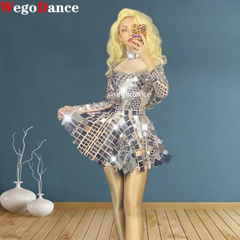 Yeni Kadın Shining Gümüş Ayna Elbise Şarkıcı Dansçı Bodysuit Kostüm Gece Kulübü Doğum Günü Partisi