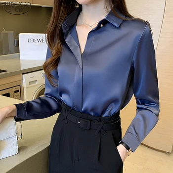Yeni Ofis Bayan Saten İpek Bluz Kadın Kadın Gömlek Üstleri İpek Gömlek Kadın Beyaz Kadın Uzun Kollu Gömlek Bluz Blusas 13678