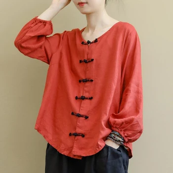 Yeni Varış Bahar Sanat Stil Kadın Uzun Kollu O-Boyun Gömlek Pamuk Keten Vintage Düğme Gevşek Bluzlar Femme Blusas Mujer S603