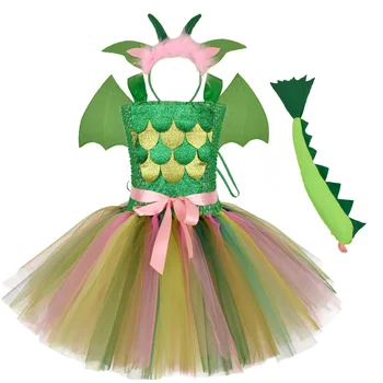 Yeşil Çocuk Kız Dinozor Cosplay Elbiseler Doğum Günü Partisi Tutu Elbiseler için Bebek Karikatür Prenses Kız Kostümleri Cadılar Bayramı için Set