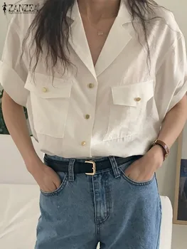 ZANZEA Moda Yaz Gömlek Kadın Yaka Boyun Kısa Kollu Gevşek Üstleri Zarif Düğmeler Aşağı İş Gömlek Ofis Bayan Blusas Chemise