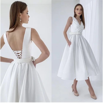 Zarif Saten Kısa düğün elbisesi V Boyun Kolsuz Orta Buzağı Cep Kemer Gelin Elbise Basit Vestidos De Novia Custom Made