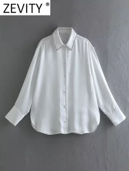 Zevity Kadın Moda Elmas Turn Down Yaka Beyaz Saten Önlük Bluz Ofis Bayan Gömlek Şık Rahat Chemise Blusas Tops LS3098