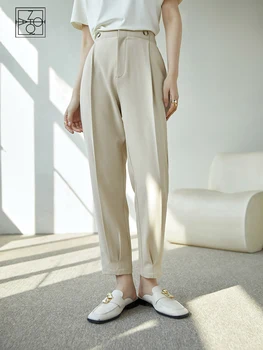 ZIQIAO Japon Yüksek Bel Tam Boy Pantolon Düğmesi Dekorasyon Bel Petite Dokuzuncu Takım Elbise Pantolon Ofis Bayan Katı Bahar Pantolon