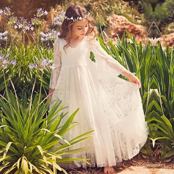 Çocuk Giysileri Beyaz Dantel Kız Tam Kollu Prenses Elbise Düğün Fantezi Kız Elbise Çok Zarif Parti Giyim