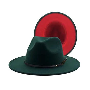 Ücretsiz Kargo Kadınlar Koyu Yeşil / Kırmızı Fedoras Erkekler Moda Caz Şapka Kemer Tokası Yün Karışımı Kap Bahar Açık Rahat Şapka Toptan