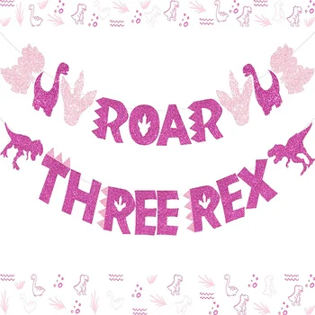 Üç Rex Afiş Gül Kırmızı ve Dinozor Kükreme Garland Glitter Kızlar için 3rd Doğum Günü Pembe Dinozor Parti Süslemeleri